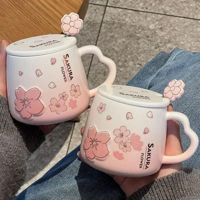 Tasse en céramique avec couvercle et cuillère, belle tasse à café, lait, poudre de Sakura, ménage, a