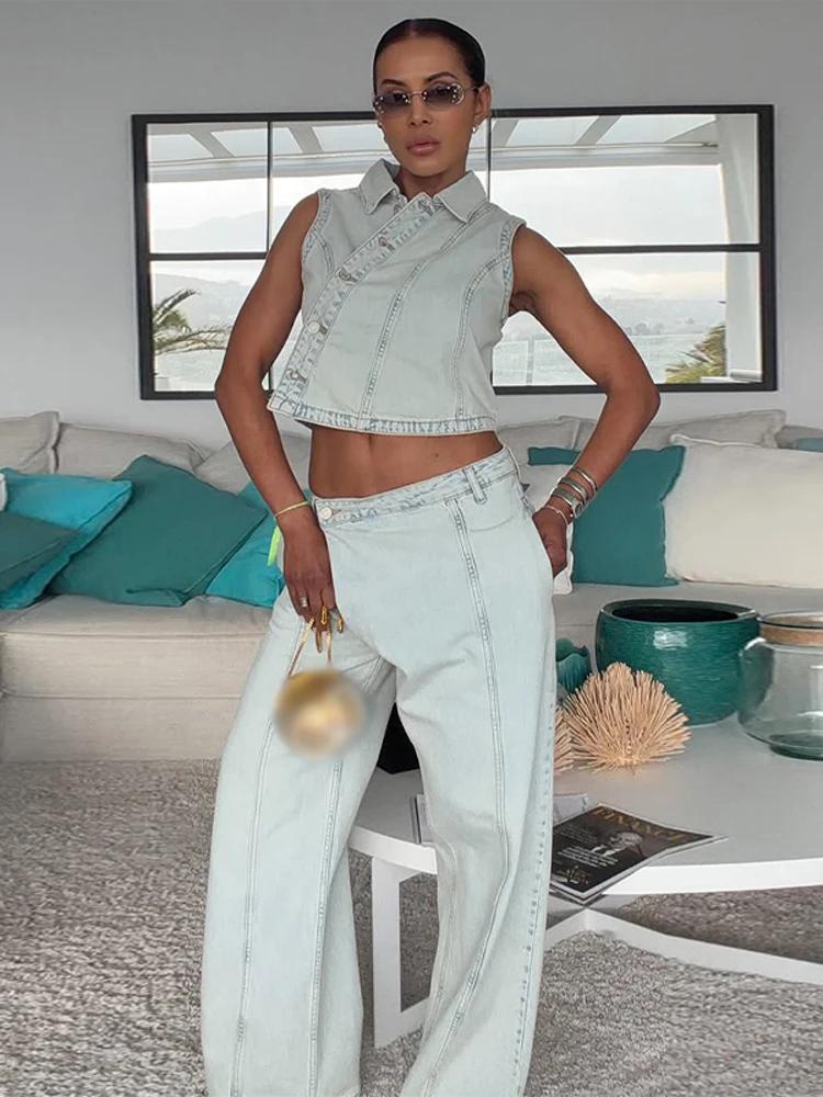 Nouvel ensemble 2026 : Gilet en jean et pantalon pour femme – Veste ajustée sans manches à revers et