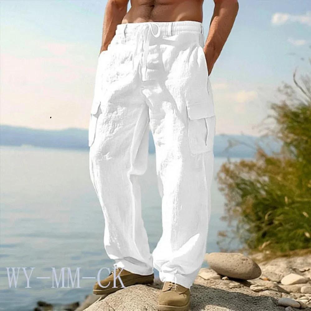 NOUVEAU Pantalon en coton et lin pour hommes européens et américains, pantalon de travail multi-poch