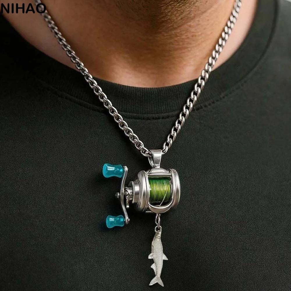Collier de luxe avec moulinet de pêche rotatif et détachable, pendentif exquis en argent pour homme,