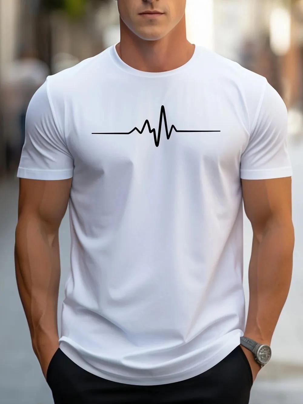 T-shirt à col rond pour hommes, imprimé électrocardiogramme, confortable et respirant, à la mode, po