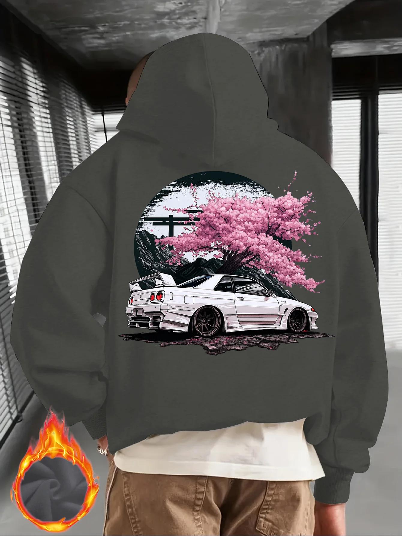 Sweat à capuche noir pour hommes avec voiture JDM blanche et imprimé dos de fleur de cerisier rose, 