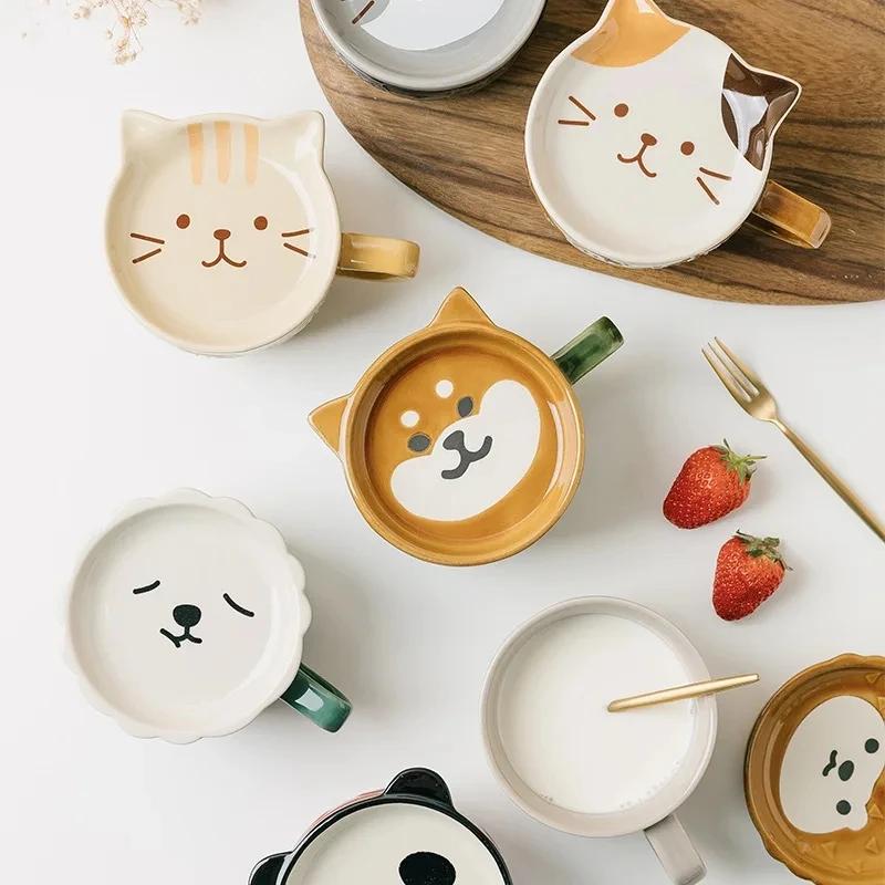 Tasse à café YWDL motif chat de dessin animé japonais avec couvercle à motif animal, petite assiette