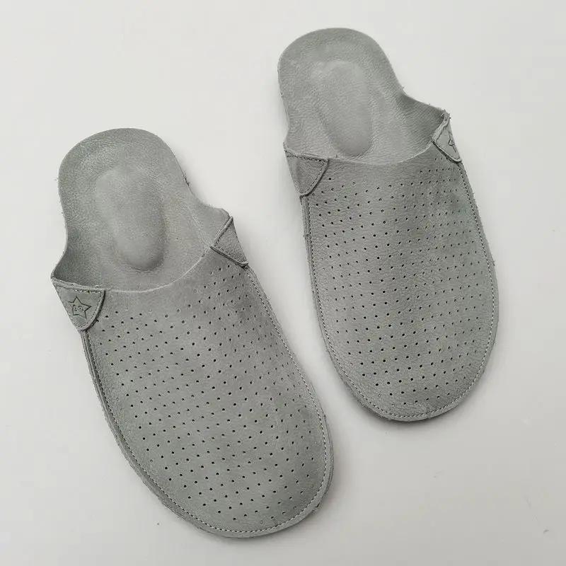 Pantoufles mules en cuir naturel pour hommes, pantoufles d'été en cuir de vache creux, respirant, fo