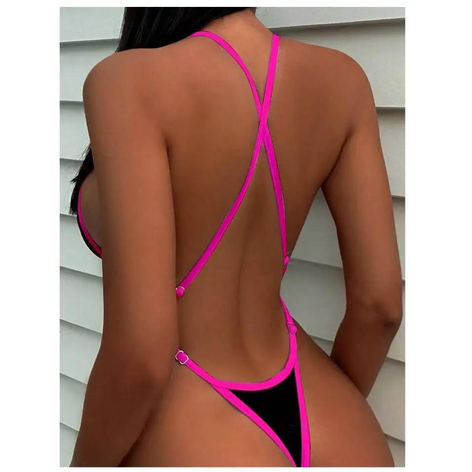 Cikini Summer Beach Maillot de bain une pièce avec bordure contrastée et col licou pour femme - Mail