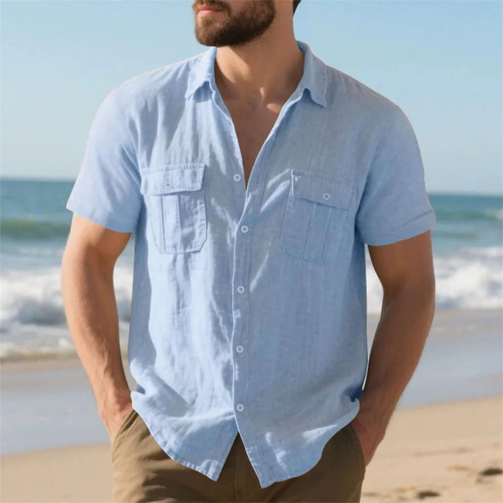 Chemise d'été à manches courtes en coton et lin pour hommes, Double poche, couleur unie, chemises Ca