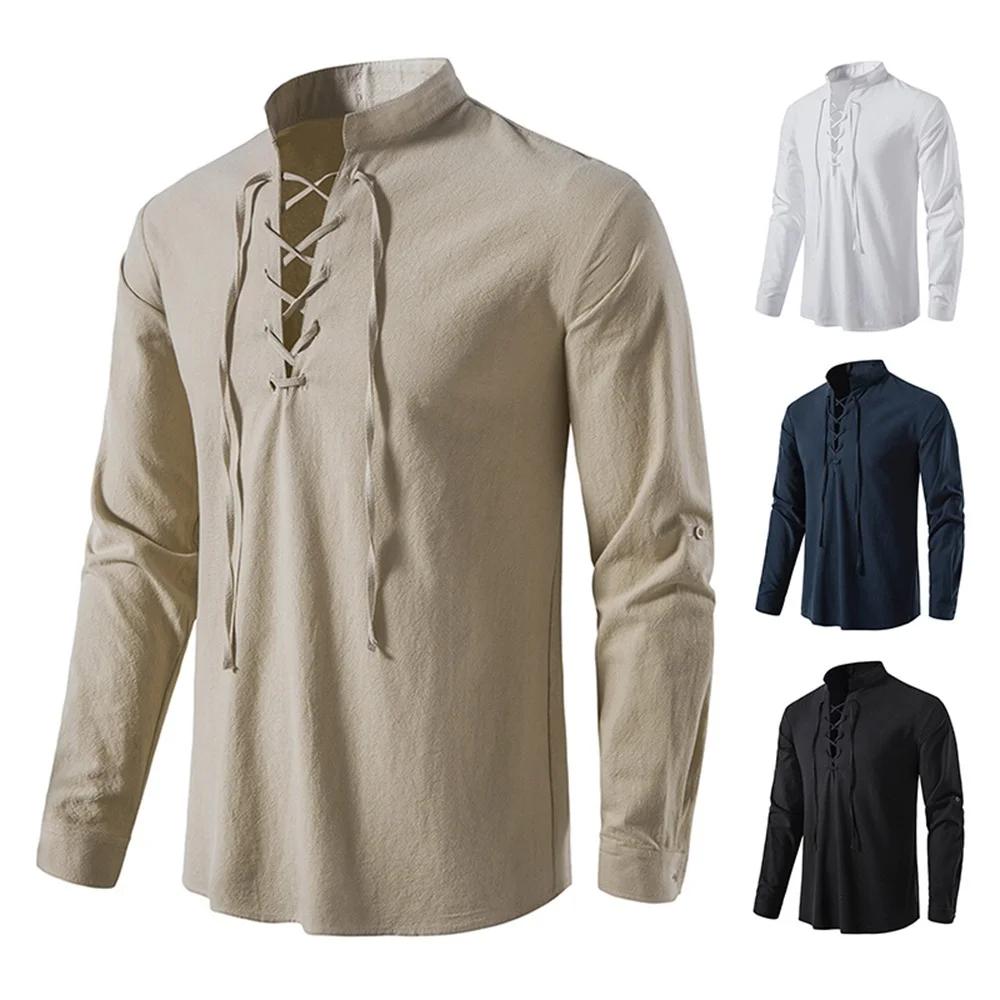 Nouveaux hommes blouse décontractée coton lin chemise hauts à manches longues t-shirt printemps auto