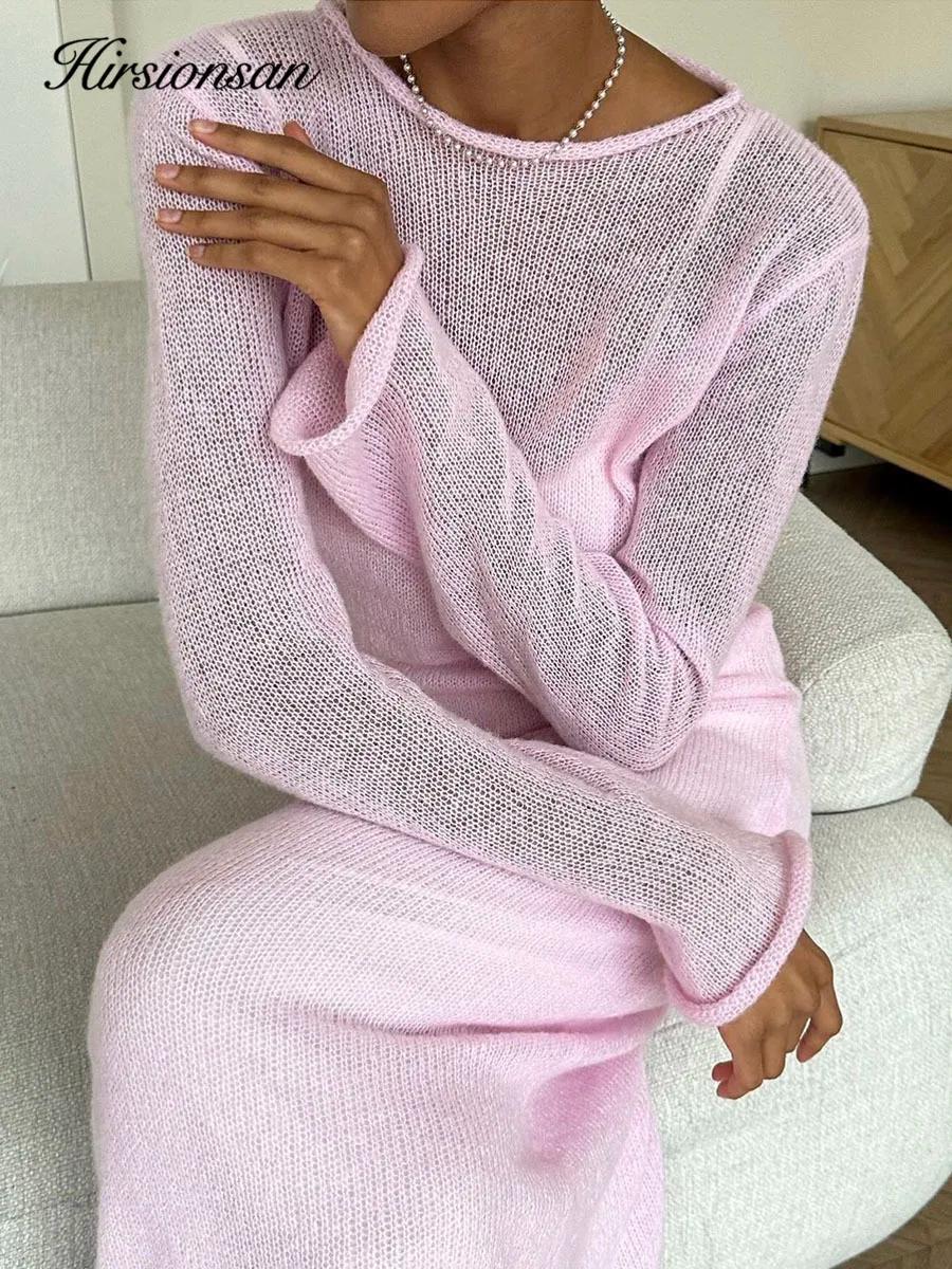Hirsionsan – robe longue en tricot élastique pour Femme, col rond, élégante, Chic, douce, ajourée, p