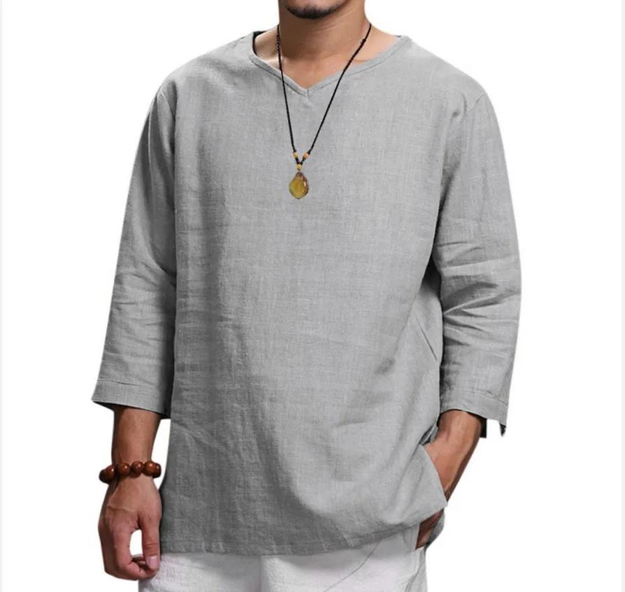 Chemise pull ample à manches 3/4 pour hommes, couleur unie, décontractée, grande taille, nouvelle co