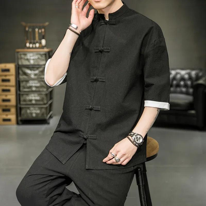 Chemise d'été de Style japonais pour hommes, col montant chinois, Yukata, Kimono samouraï, T-shirt b