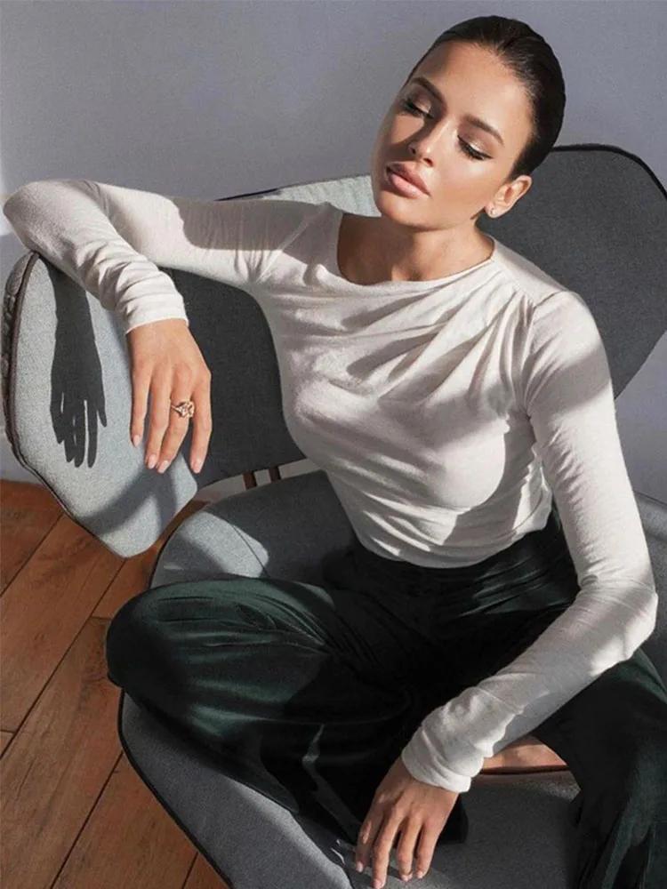 Haut à manches longues blanc T-Shirts femmes basique haut court automne Pollover solide col incliné 