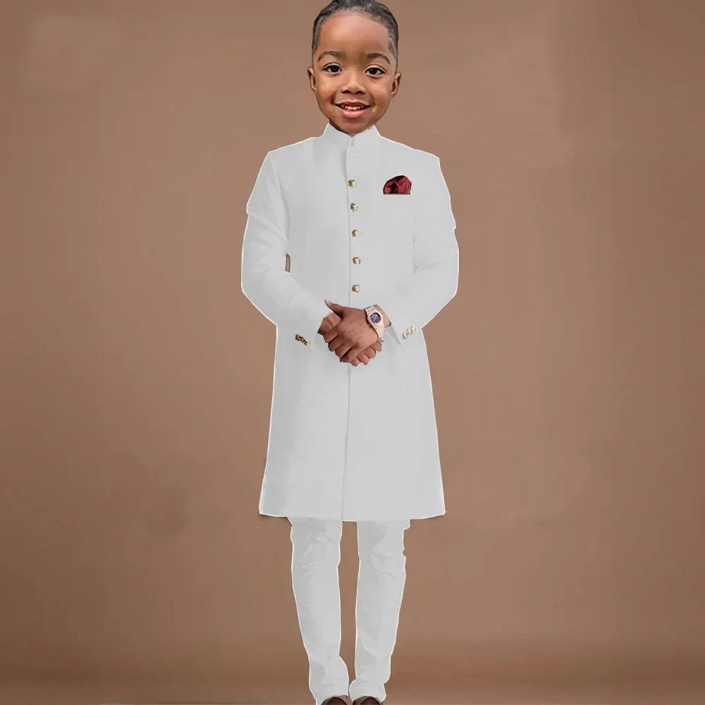 Costumes longs pour garçon, 2 pièces, veste formelle avec pantalon pour mariage, col montant, tenues
