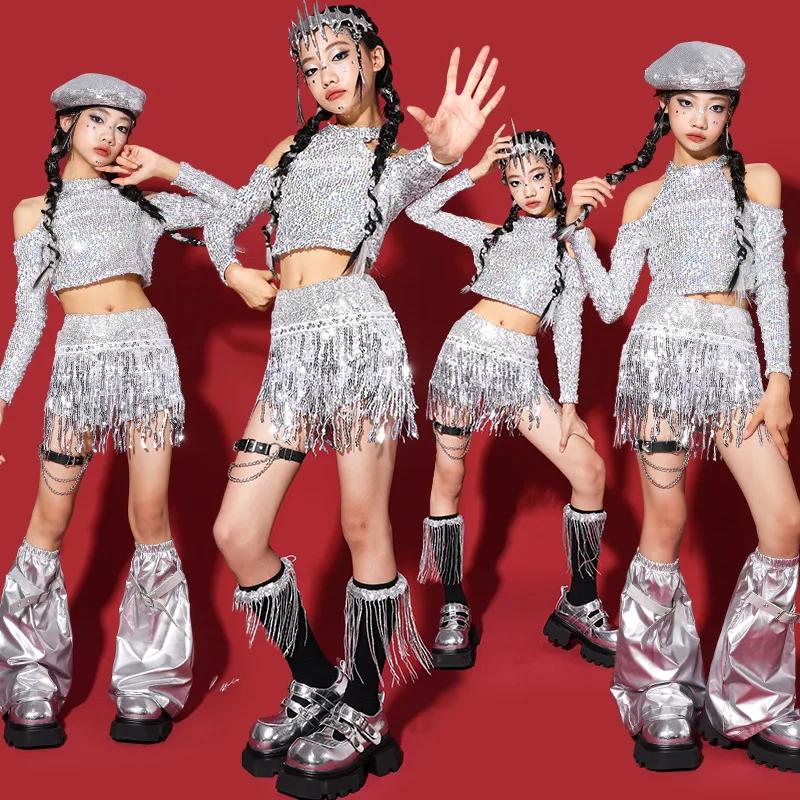 Costume de danse Kpop pour filles, tenue de Jazz, vêtements de spectacle de danse argenté, haut et s