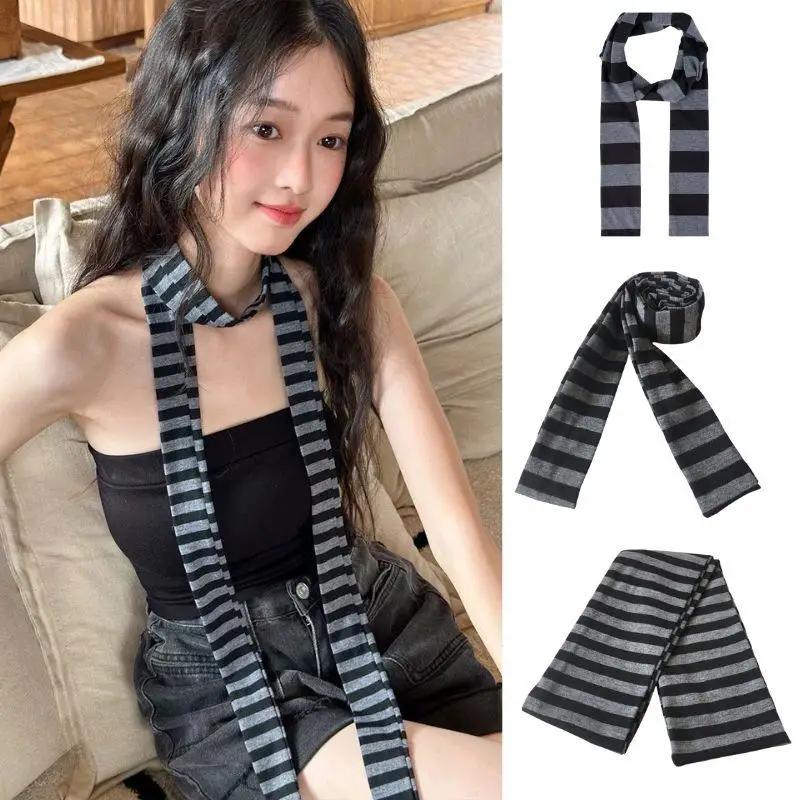 Y2K noir gris rayé écharpe pour femmes coton longue écharpe tour de cou écharpe Punk maigre mince co