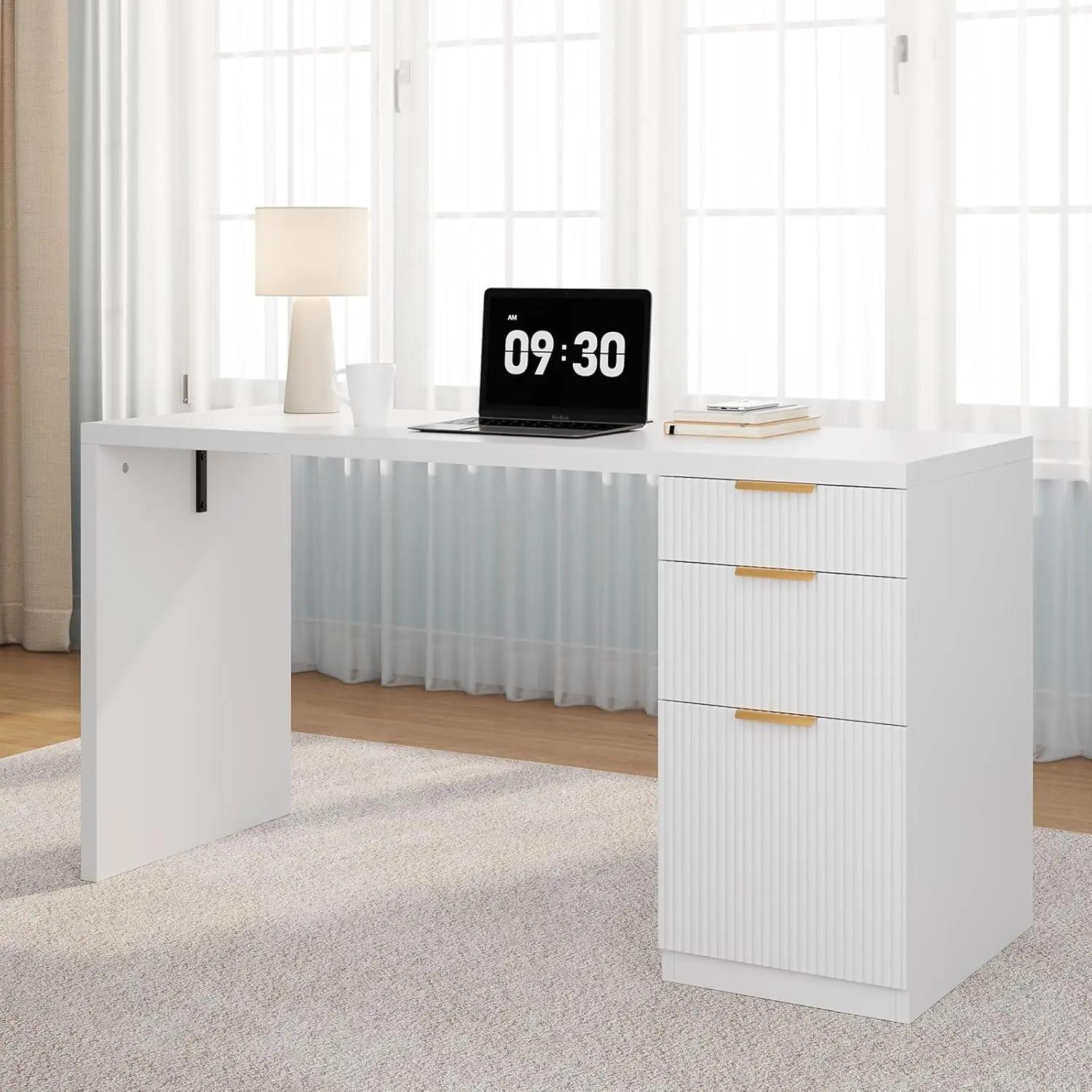 Bureau de direction moderne de 58 pouces avec rangement, bureau de télétravail avec tiroir et armoir