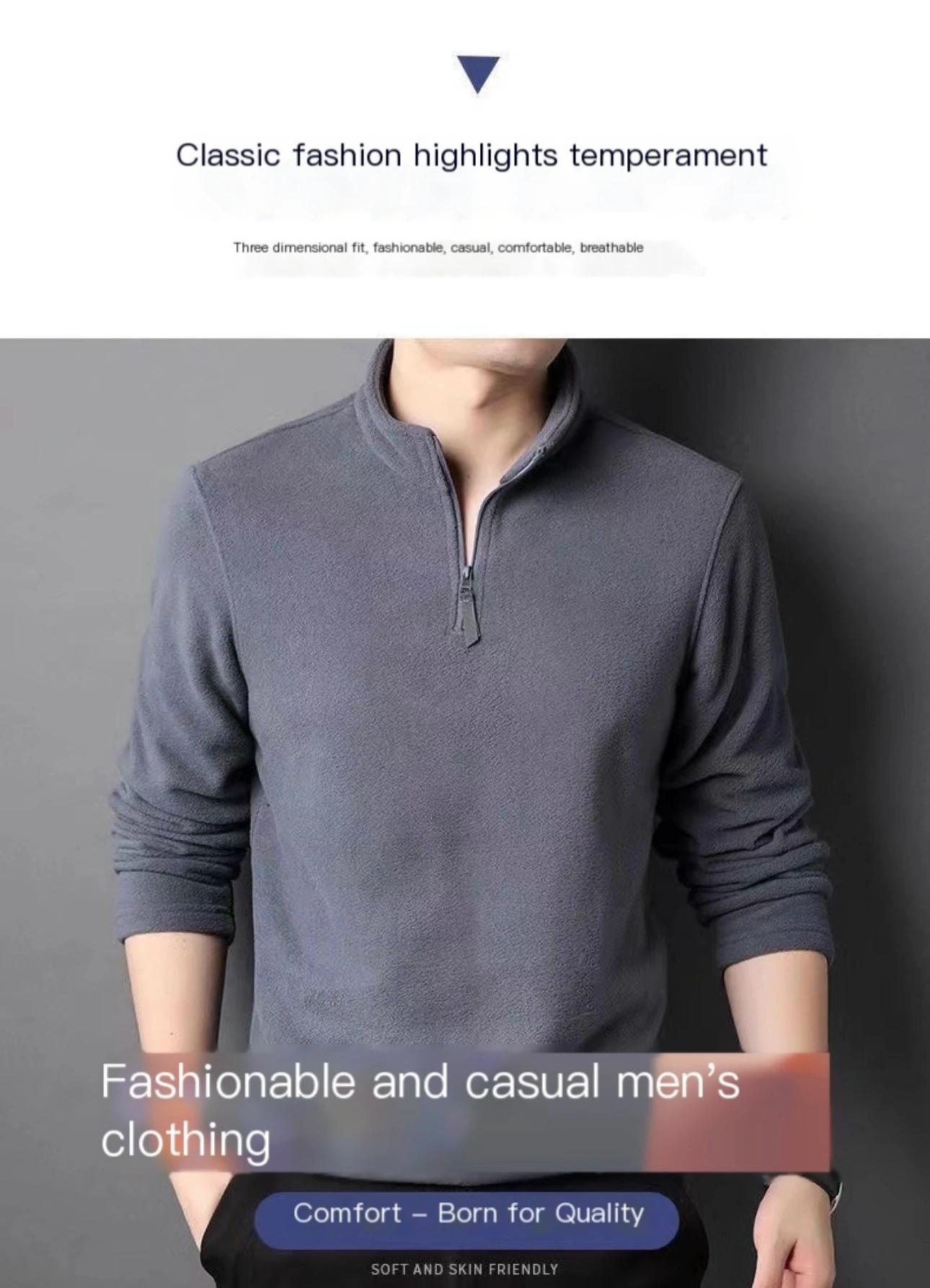 Polos chauds en laine d'agneau pour hommes, sweat-shirt, col montant, demi-fermeture éclair, manches