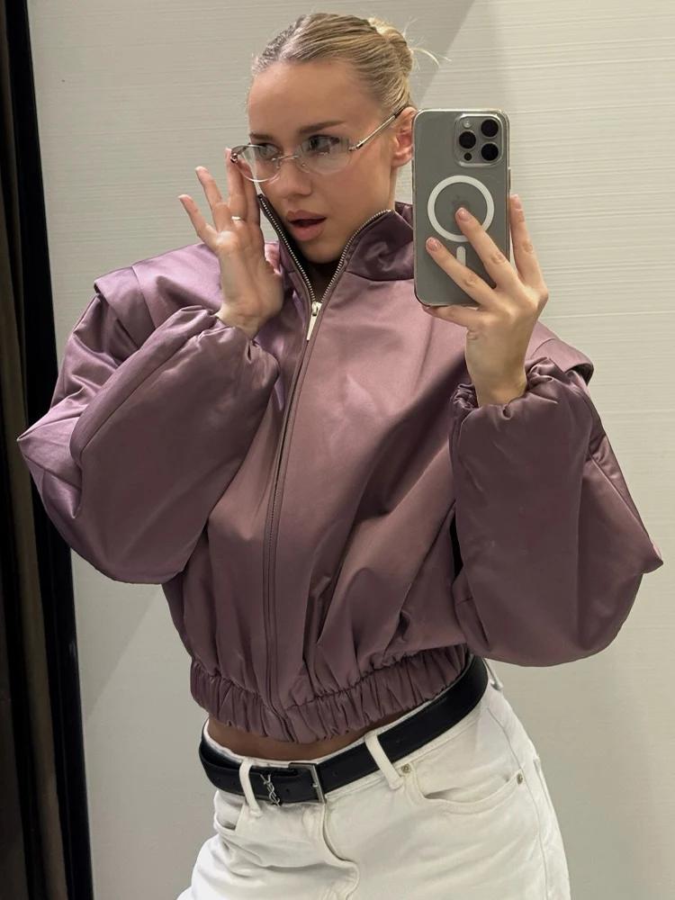 Nouvelle veste bomber en satin SLTNX pour femme, mauve, à manches bouffantes, courte, zippée, décont