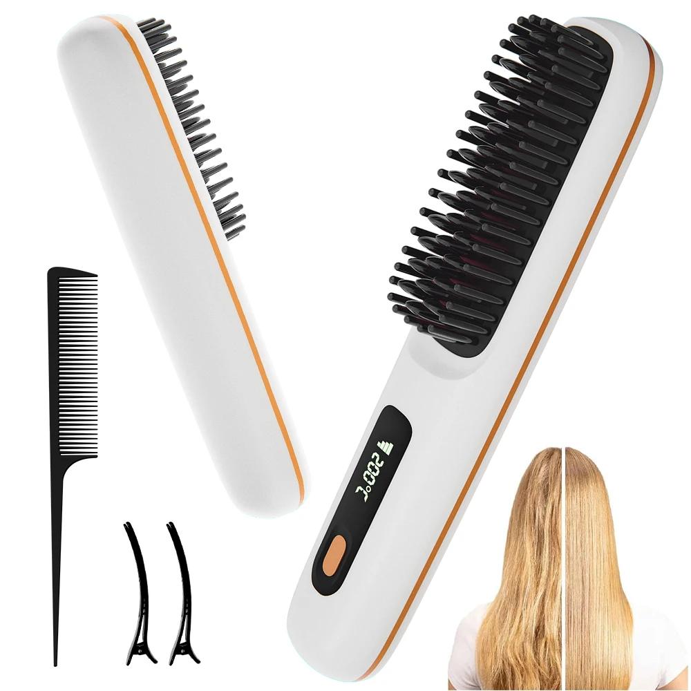Brosse à lisser les cheveux, peigne à lisser ionique sans fil Rechargeable pour coiffer, avec 3 régl