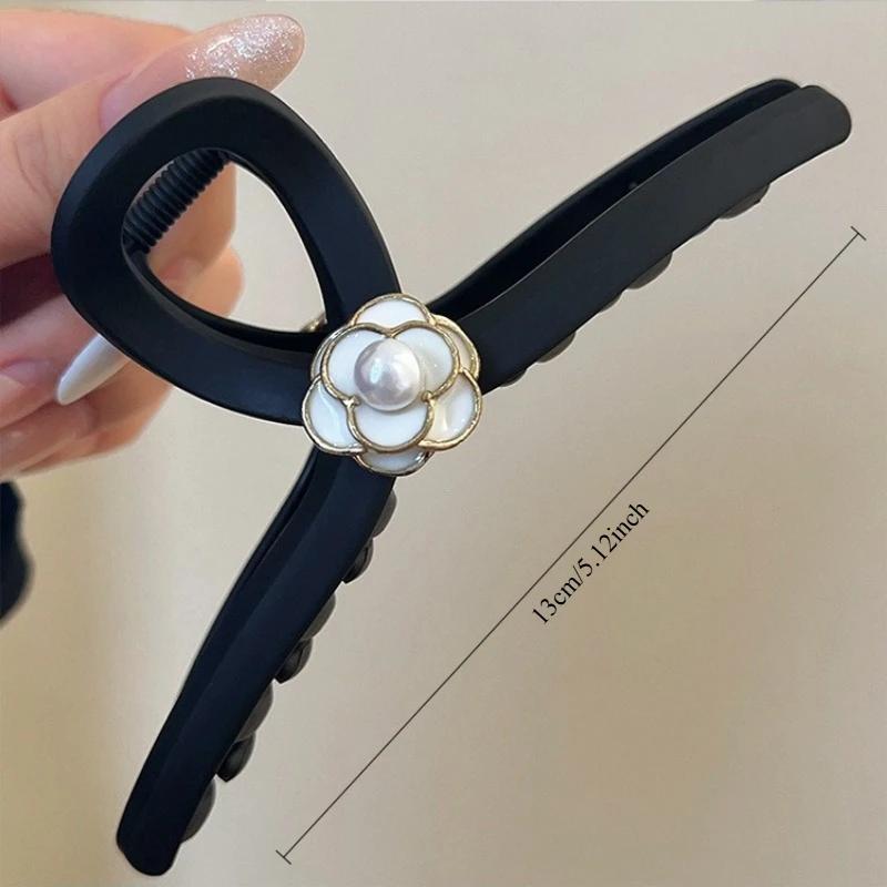 Grande pince à cheveux élégante noire mate en forme de camélia, style français, nouveau design, pinc