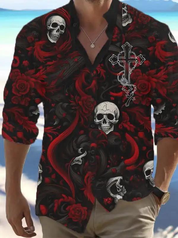 Mode hommes Vintage crâne foncé imprime chemises à manches longues imprimé crâne hauts noirs coupe r