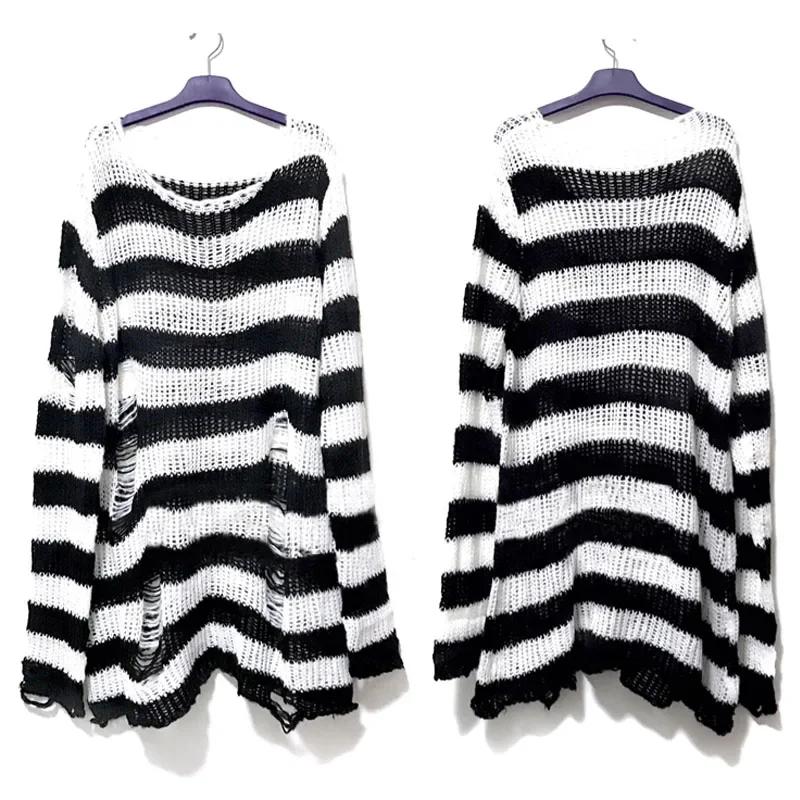 Nouveau Streetwear haut Punk gothique Long unisexe pull été femmes rayé Cool trou creux cassé pull a