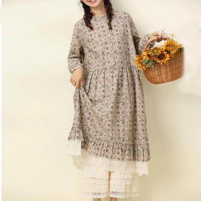 JohmobJapanese-Robe vintage en coton et lin pour femme, imprimé patchwork, en dentelle, avec poches,