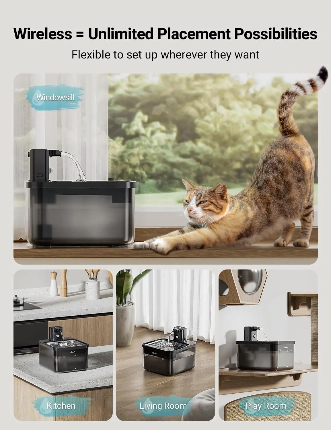 DownyPaws 2,5 L fontaine d'eau automatique en acier inoxydable pour chat 4000 mAh abreuvoir sans fil