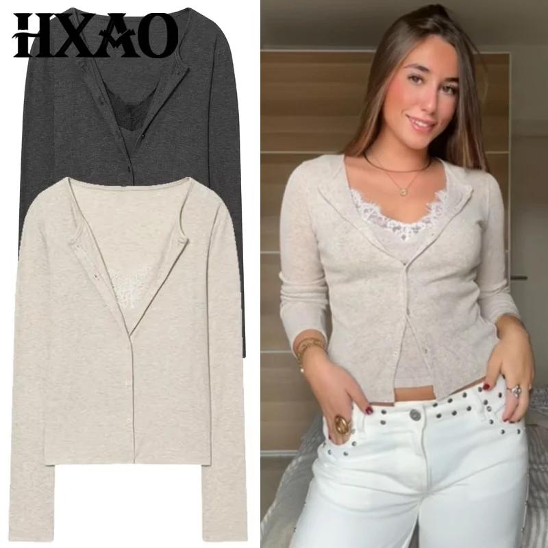 HXAO court tricot Cardigan pour femmes automne printemps Chic dentelle à manches longues tricots gri