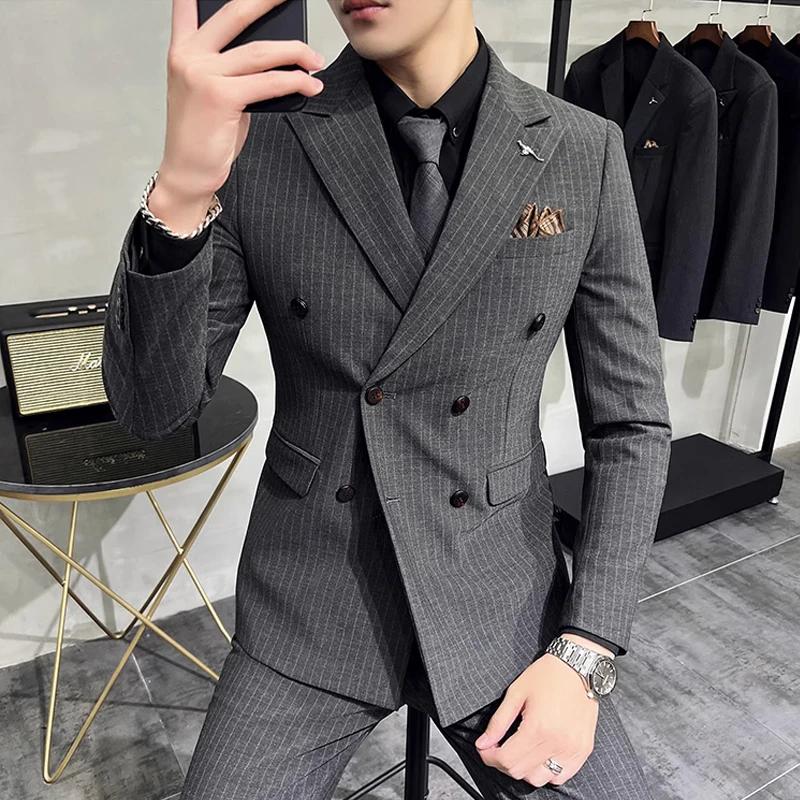 M-7XL ( Blazer + Pantalon) de luxe classique rayé hommes bureau officiel décontracté affaires double