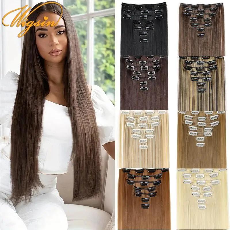 WIGSIN 24 pouces synthétique 7 pièces/ensemble Extension de cheveux longs raides 16Clips coiffure no