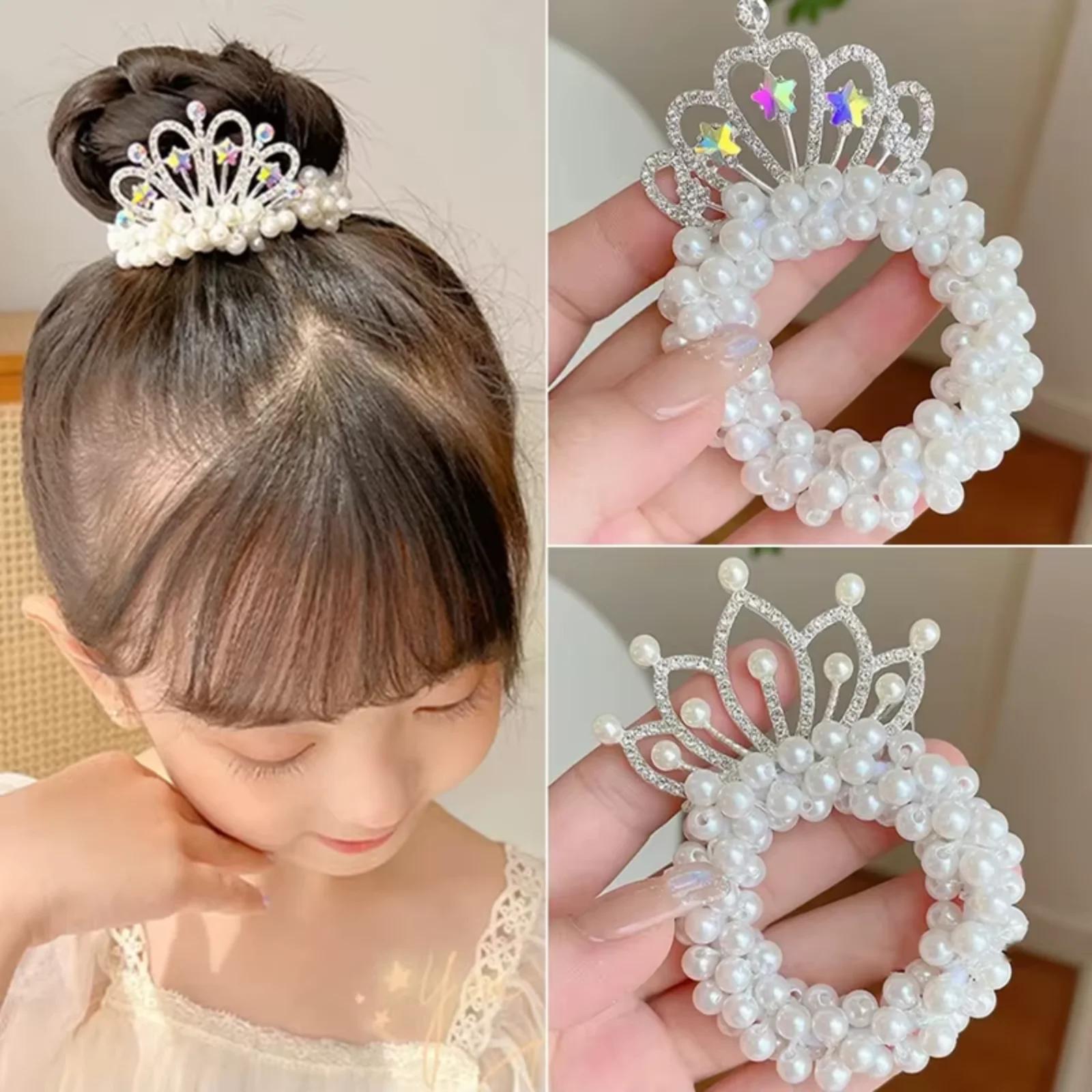 2PC Accessoires de coiffure pour enfants : Bandeaux élastiques en caoutchouc avec couronne de perles