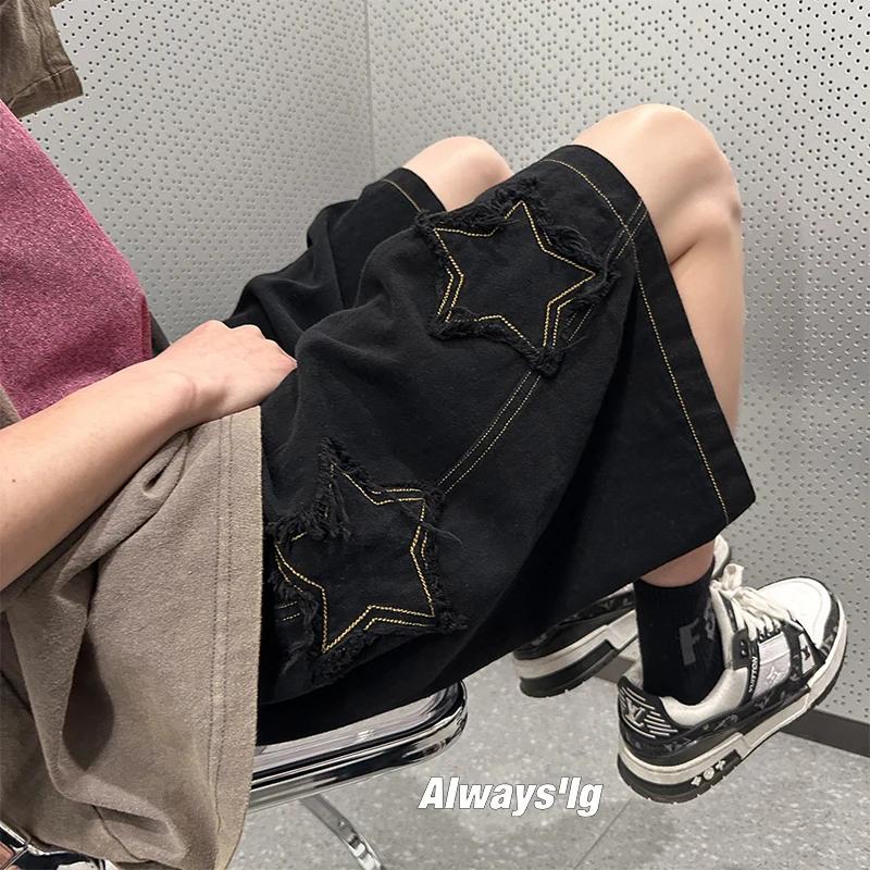 Short en denim patchwork étoile vintage pour hommes, pantalon court chic, all-match, Ulzzang Leisure