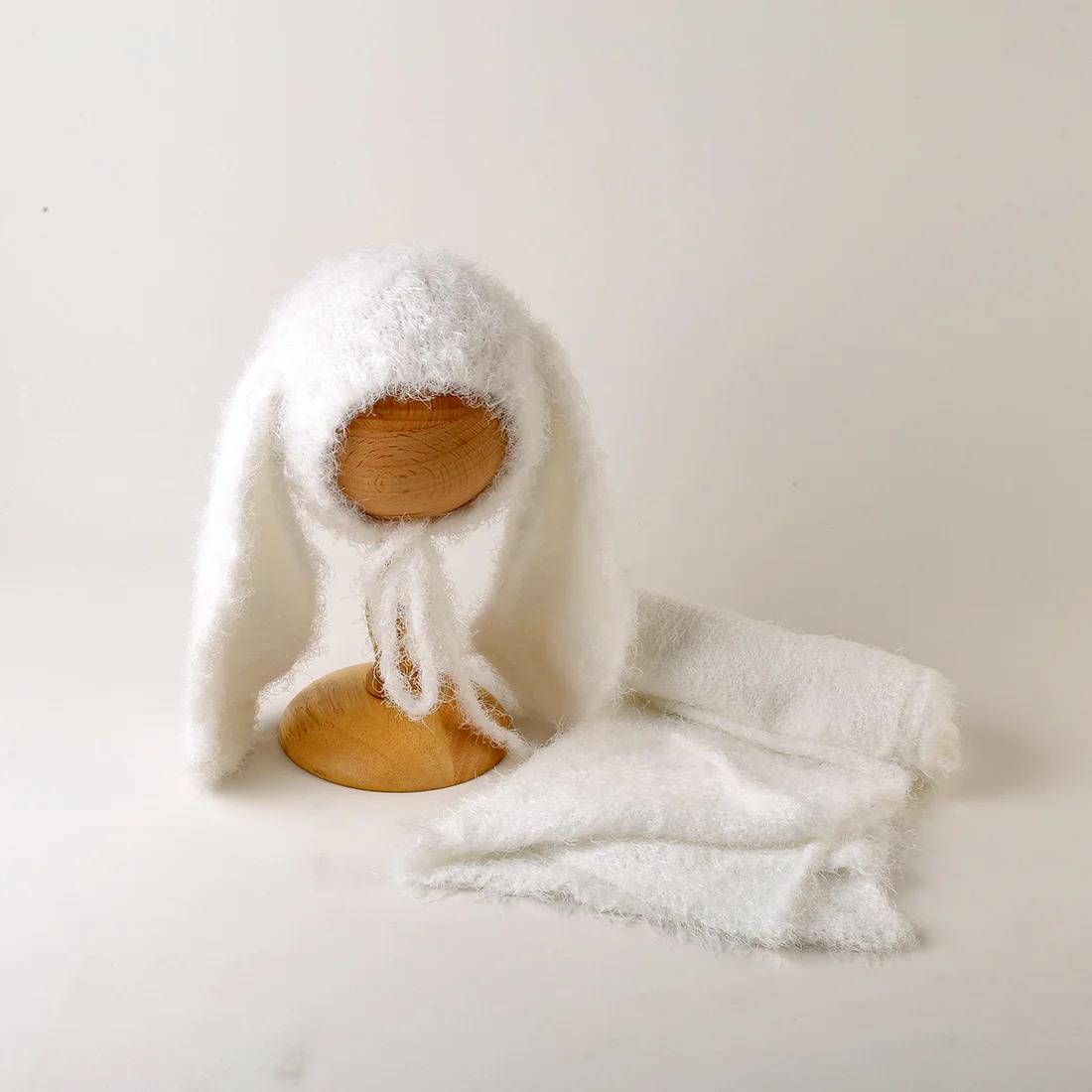 Ensemble vintage tricot bébé - Chapeau lapin et enveloppe mohair - Accessoire photo nouveau-né