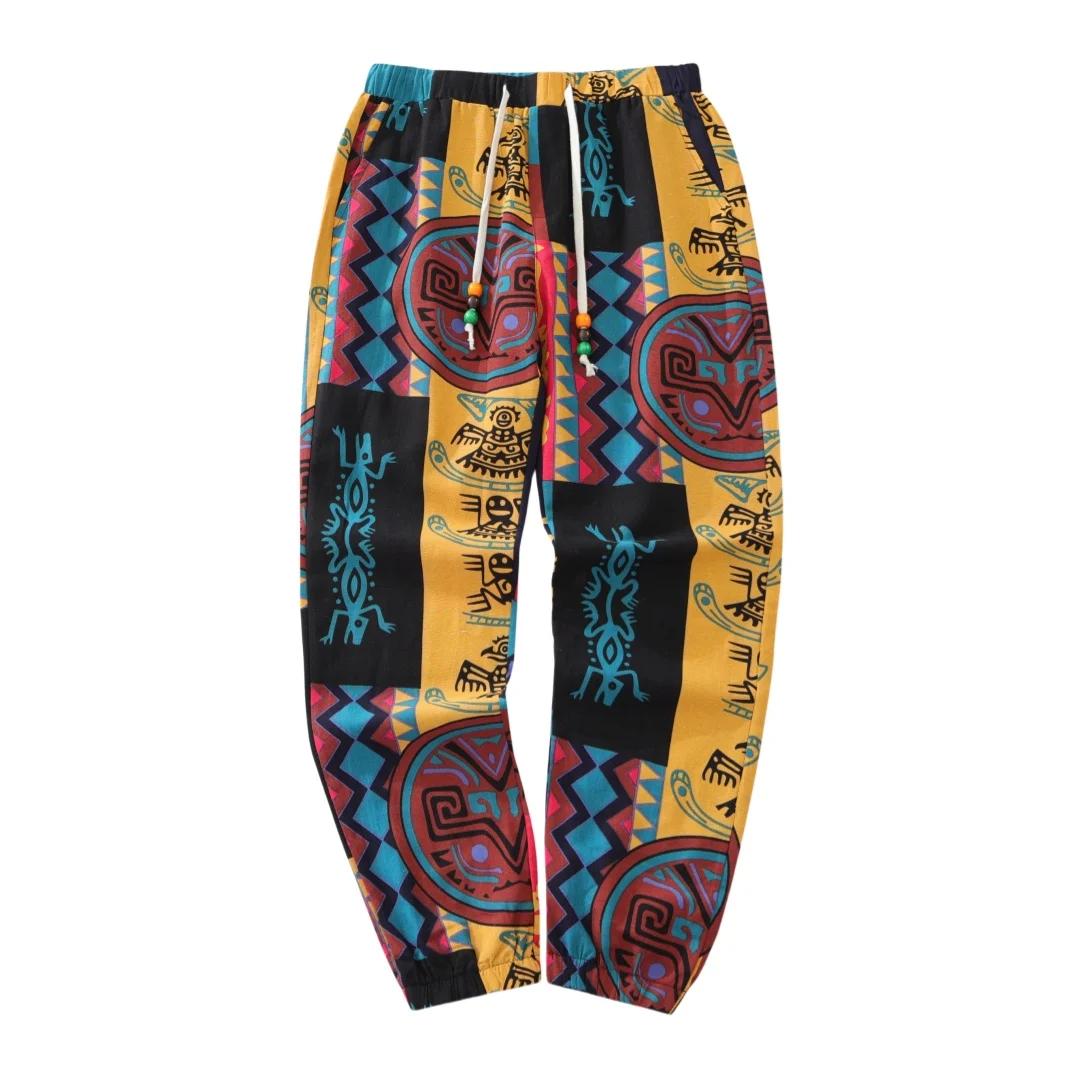 Pantalon léger en mélange de coton et de lin pour hommes, décontracté, avec cordon de serrage, impri