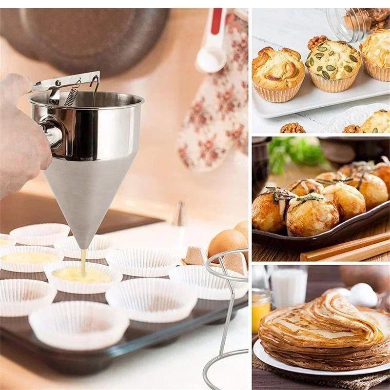 Distributeur d'entonnoir en acier inoxydable avec support, pour cupcakes, crêpes, pâte, poulpe, boul