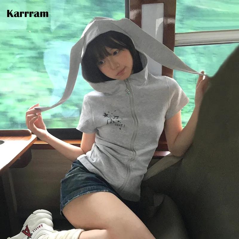 Karrram japonais Y2k T-shirt à capuche Vintage années 2000 Style oreilles de lapin hauts à fermeture