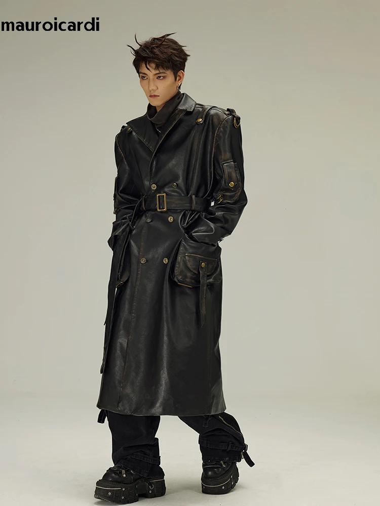 Mauroicardi-Manteau Long en Cuir Pu Noir pour Homme, Ceinture Double Boutonnage, Luxe, Mode Européen