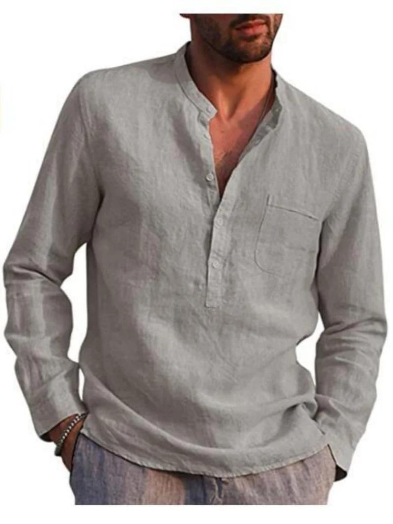Chemise à manches longues en lin pour hommes, col montant, bouton sur le devant, poche simple sur la