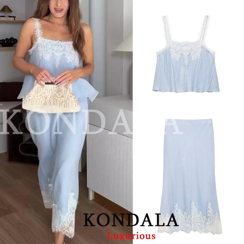KONDALA Ensemble Jupe Chic et Sexy pour Femme, Haut Caraco en Dentelle et Jupe Longue Droite, Tendan