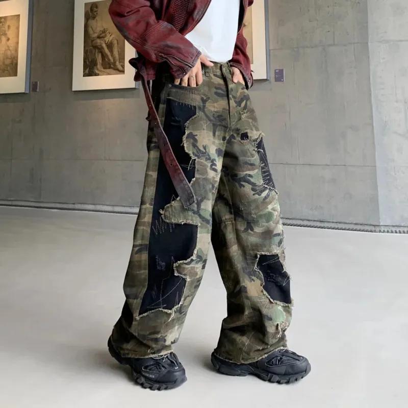 Faux jean déchiré délavé de Camouflage pour hommes, pantalon décontracté, ample et droit, nouvelle c