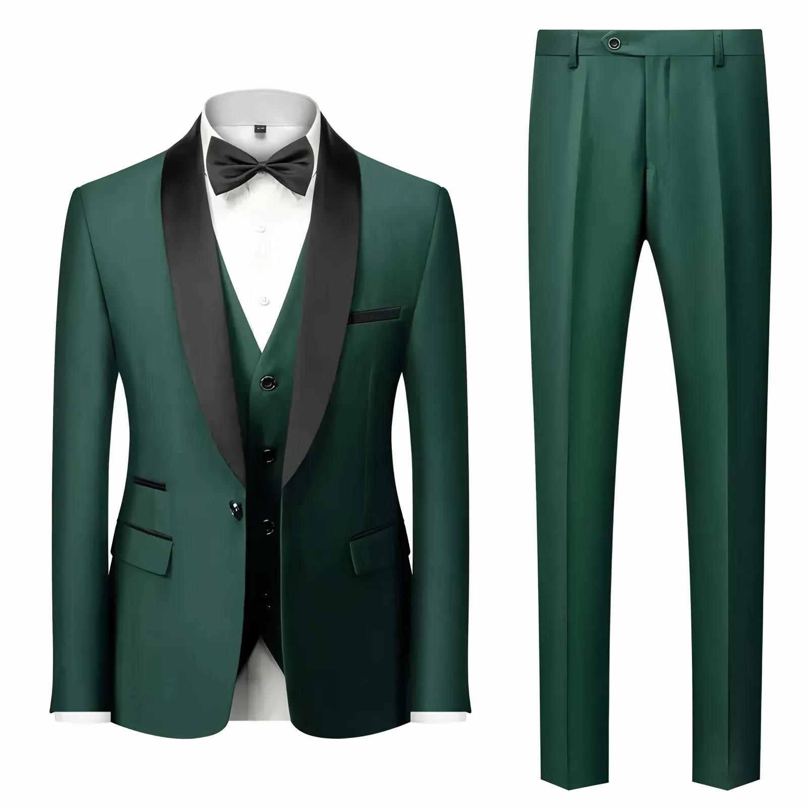 Costume formel trois pièces à col feuille verte pour hommes |   Conception de couleurs contrastées, 