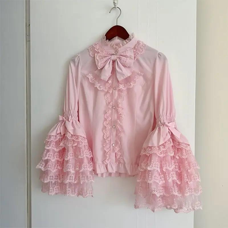 Chemise Lolita gothique et douce – Chemisier à volants à manches longues pour robes JSK, haut en den