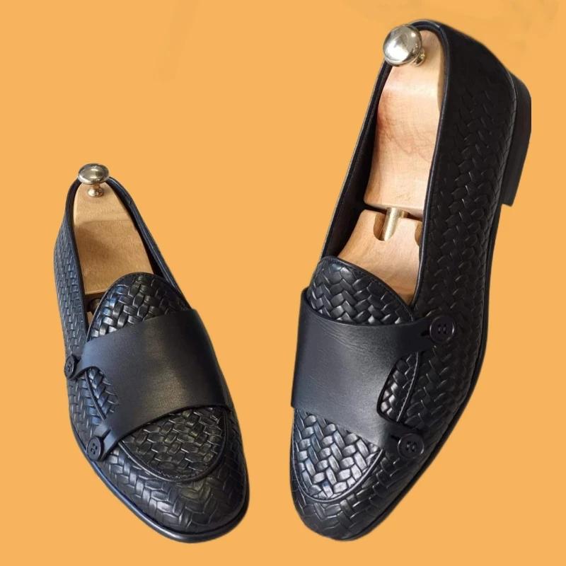 Mocassins d'affaires en cuir PU pour hommes, chaussures provoqué en tricot, marron, noir, fait à la 