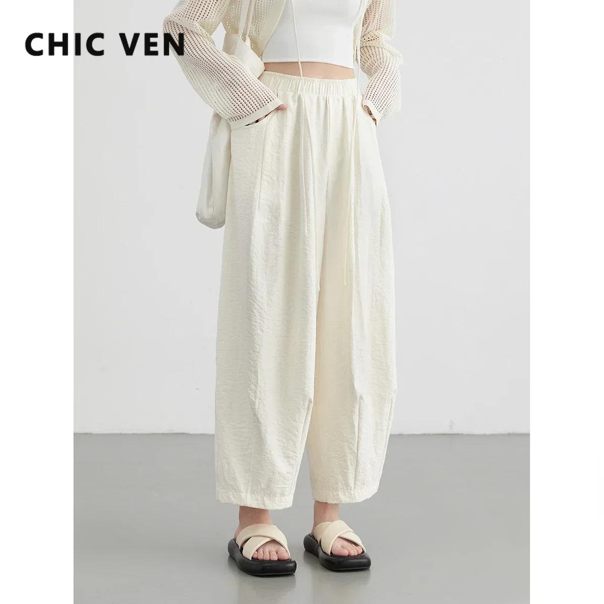 CHIC VEN femmes blanc pantalon solide décontracté taille élastique taille haute plissé jambe large f