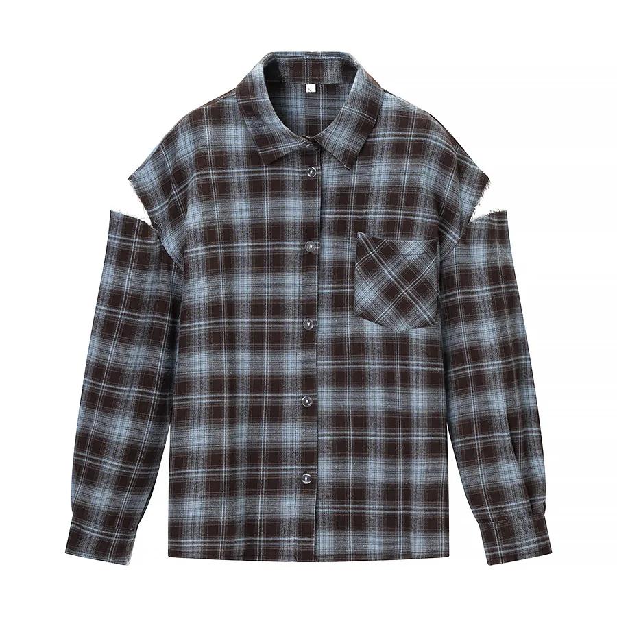 Chemise à motif à carreaux tendance pour femmes, élégante, col à revers, manches longues, simple bou