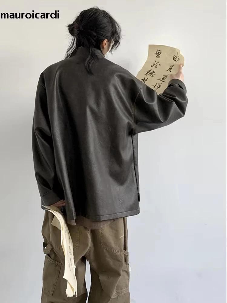 Mauroicardi-Veste en cuir PU vintage pour homme, design de luxe élégant, vêtements de style chinois,