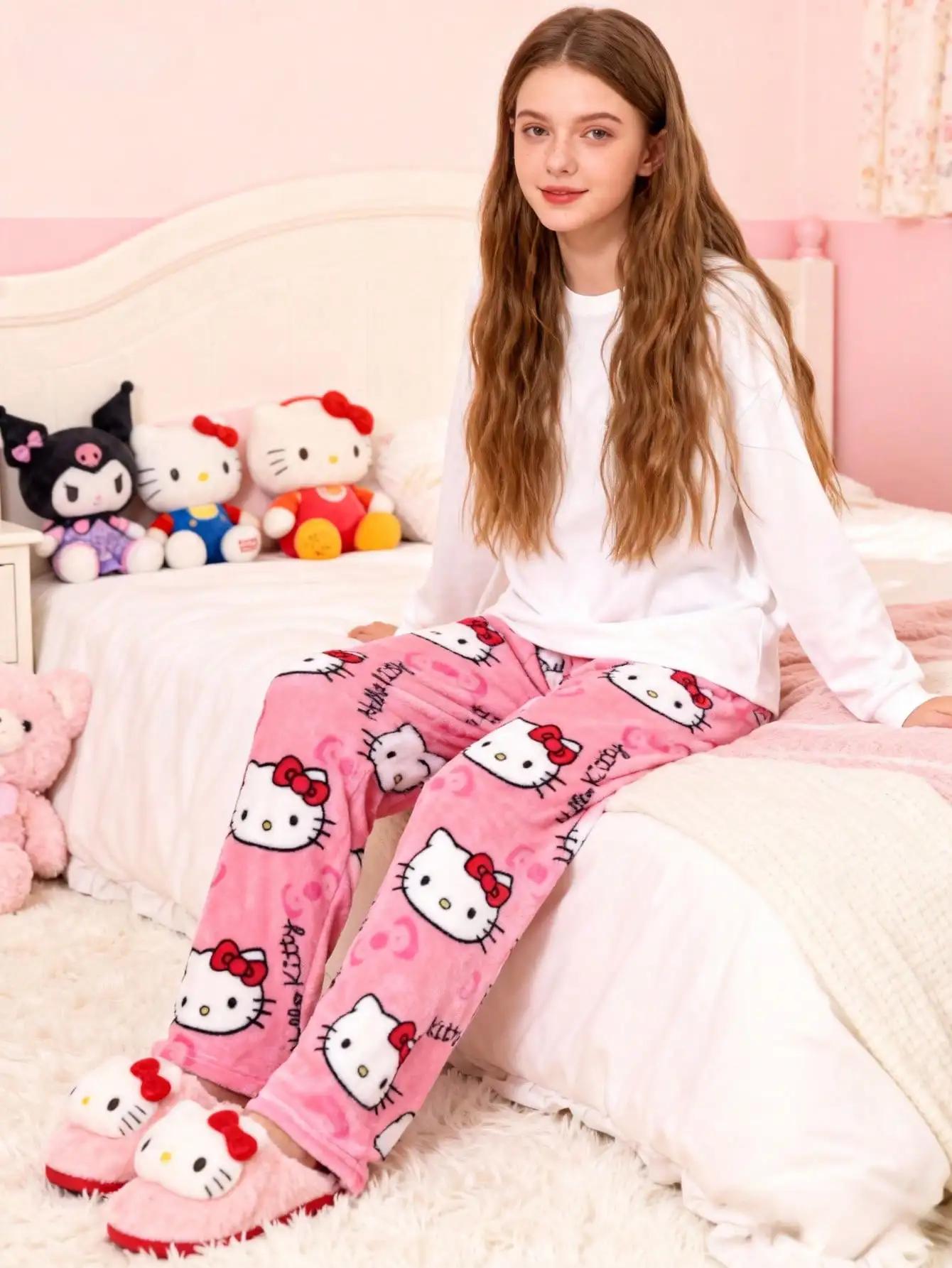 Pantalon de maison en flanelle épaisse et chaude pour enfants Sanrio, pantalon de loisirs et ample p
