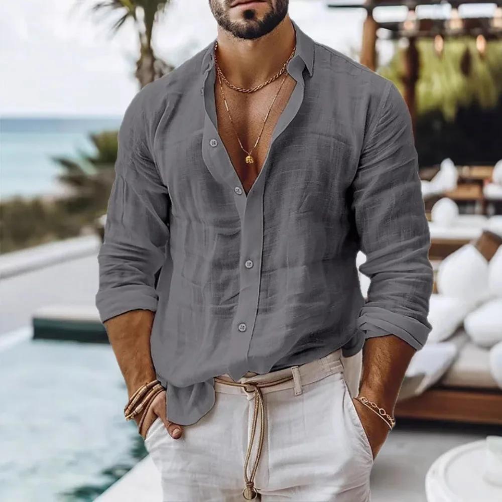 Chemise en coton et lin pour hommes, Style plage d'été, couleur unie, simple boutonnage, chemises re