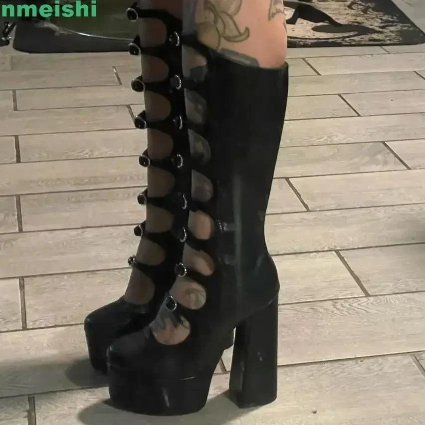 Bottes creuses mi-mollet pour femmes, chaussures à plateforme, fermeture éclair, talon carré, sangle