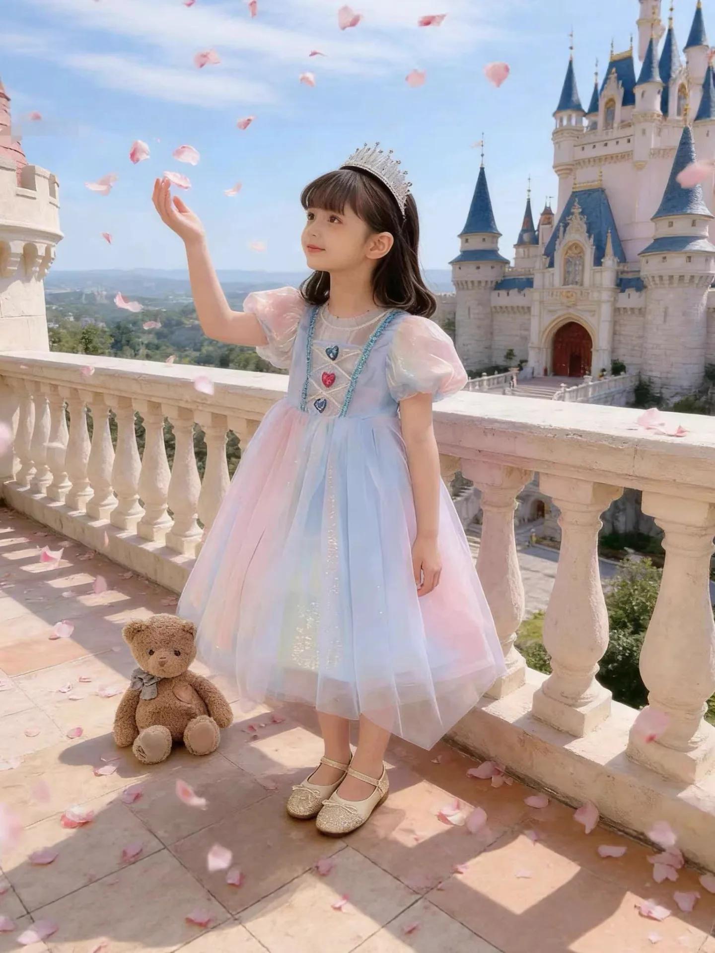 Robe en tulle dégradé arc-en-ciel inspirée d'Elsa pour filles, costume de princesse pour enfants, ét